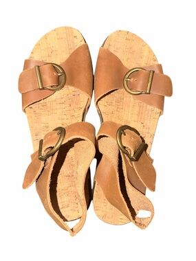 Kickers Tan Leather Cork Slide Sandals with Brass Buckles